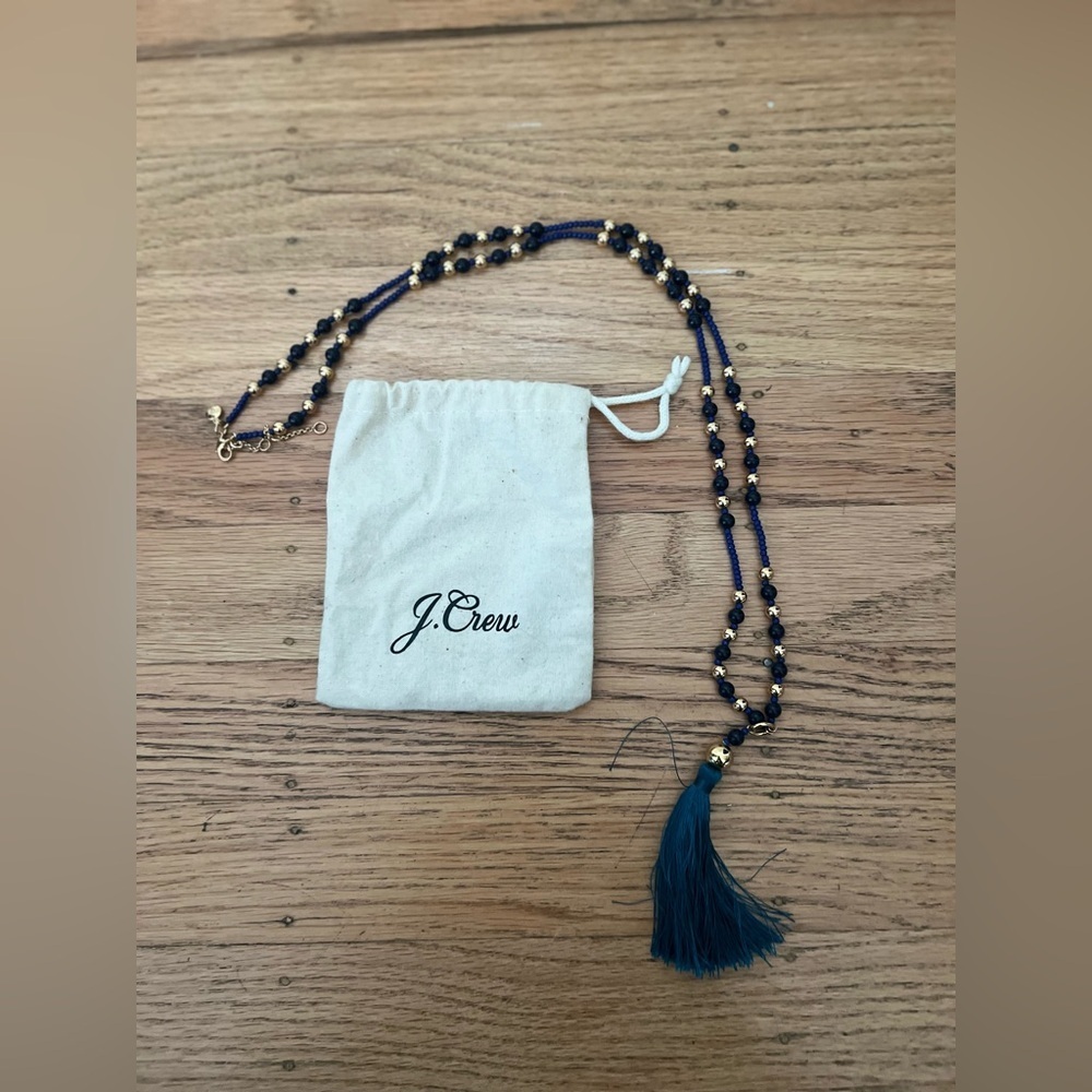 J. Crew Navy and Gold Beaded Tassel Necklace with Deep Teal Tassel